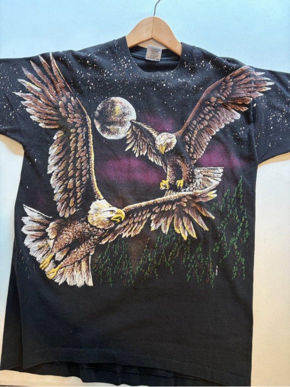 Vintage AOP Black Eagle Short Sleeve T-shirt 1990s Graphic Retro Mens Med/Large - Picture 1 of 9
